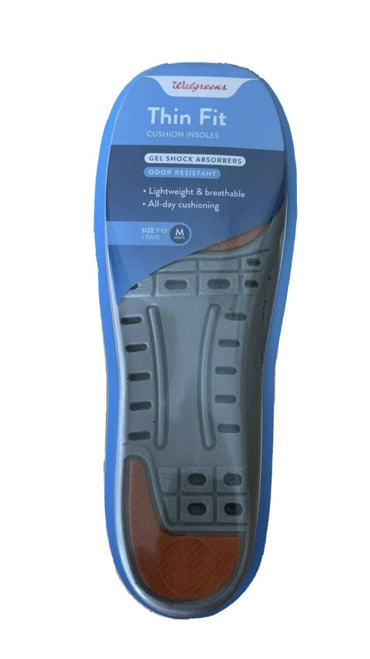 Men’s Thin Fit Cushion Insoles Gel Shock Absorbers  Size 7-13 1 Pair