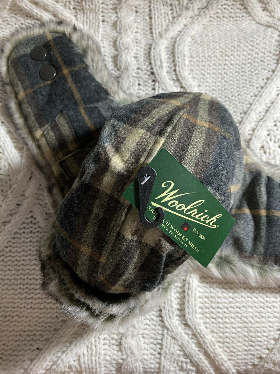 WOOLRICH WOOL BOMBER AVIATOR TRAPPER HAT Small S grey tan red PLAID