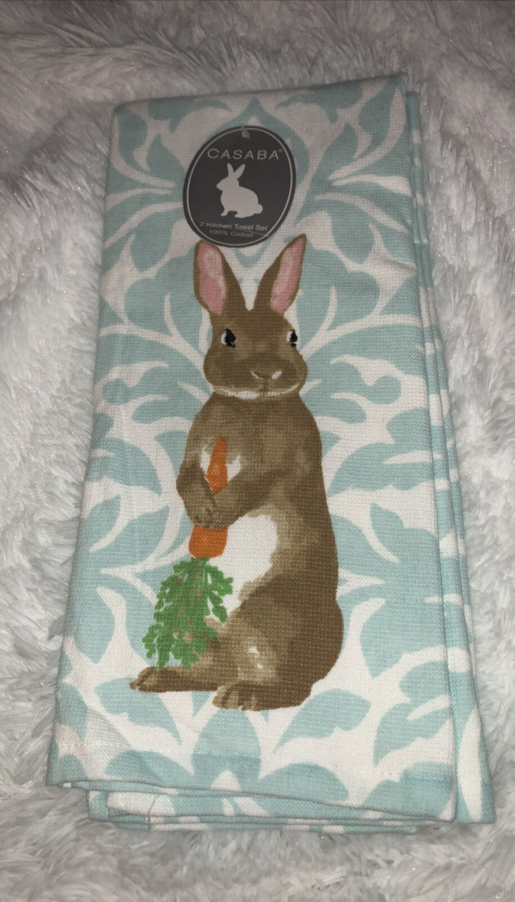 Casaba Set of 2 Rabbit Hare Carrot Kitchen Dish Towels Aqua Blue & White Easter