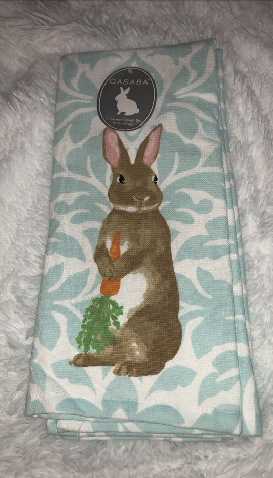 Casaba Set of 2 Rabbit Hare Carrot Kitchen Dish Towels Aqua Blue & White Easter