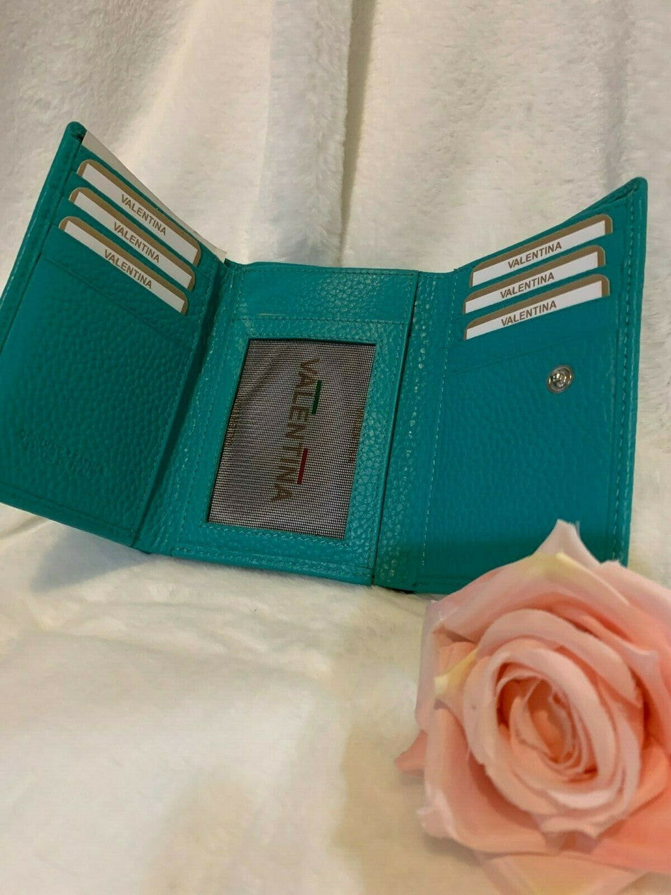 VALENTINA Italy Genuine Leather Pebbled Wallet Aqua approx 5" x 3.5"