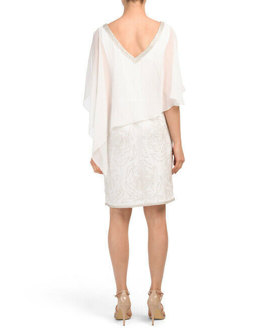 J KARA V-neck Beaded Popover Dress Size 8 white / silver