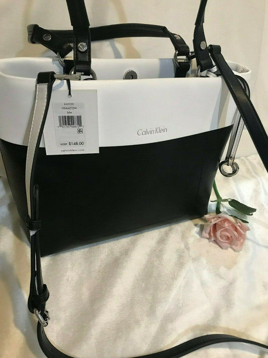 Calvin Klein Patty Faux Leather East / West Tote Fashion Bag Black White Travel