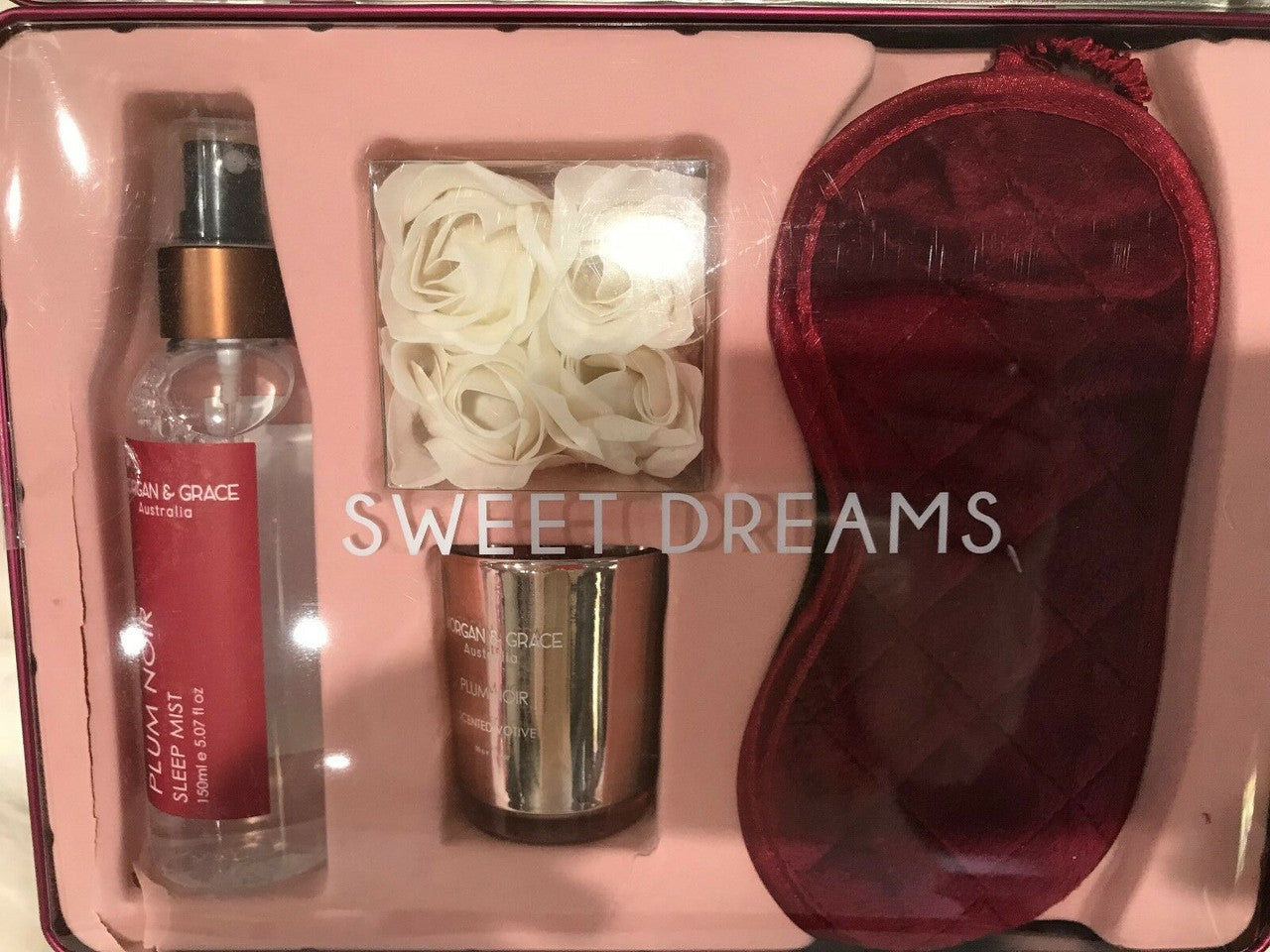 Morgan & Grace Australia sleep gift set featuring rose petal soap, Plum Noir candle, sleep mist, and burgundy eye mask in a luxury boxed presentation.