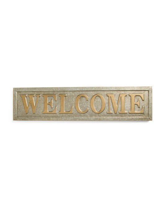 Welcome Wall Metal Sign keyhole openings for hanging 33.5" W x 8" THREE HANDS