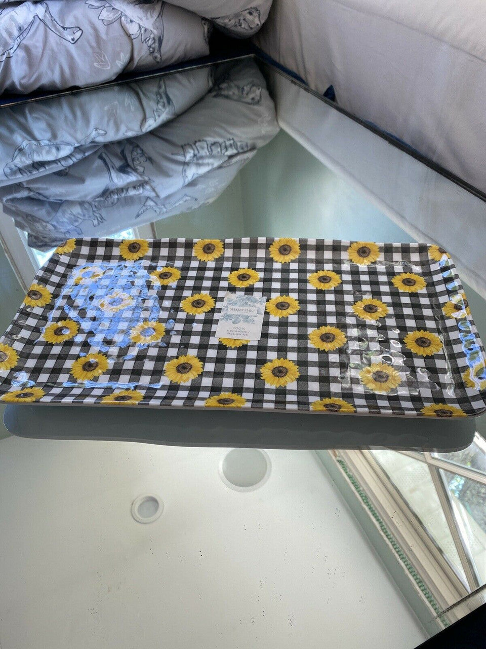 SHABBY CHIC SUNFLOWER Buffalo Check Plaid MELAMINE Serving Platter Tray 17.5”