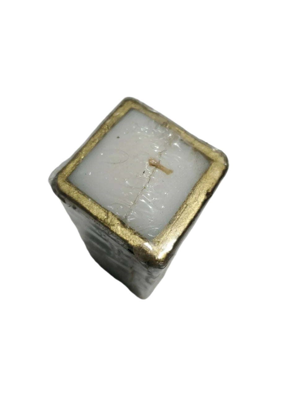 Vintage 7-inch Colonial Candle of Cape Cod with JOY lettering in gold and red wreath design, sealed in original wrap.