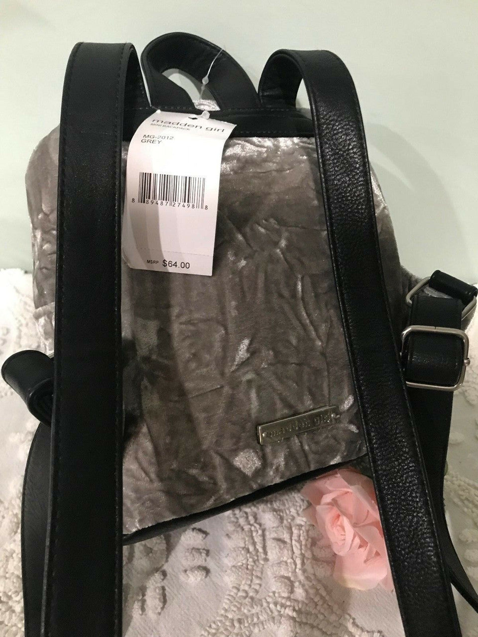 Madden Girl Velvet Studded Mini Backpack Purse Bag Gray