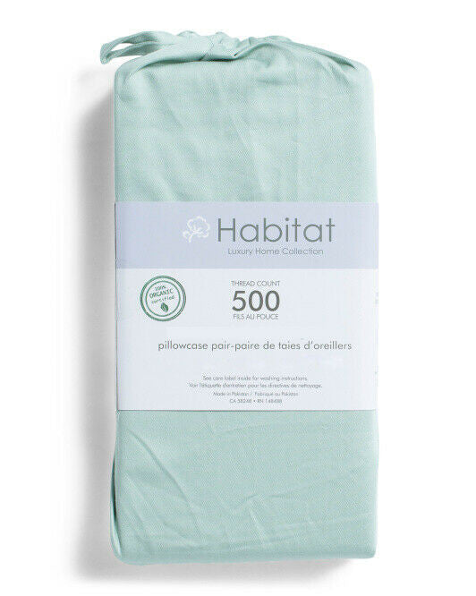 Packaged set of 2 mint green organic cotton pillowcases – 500 thread count, standard/queen size