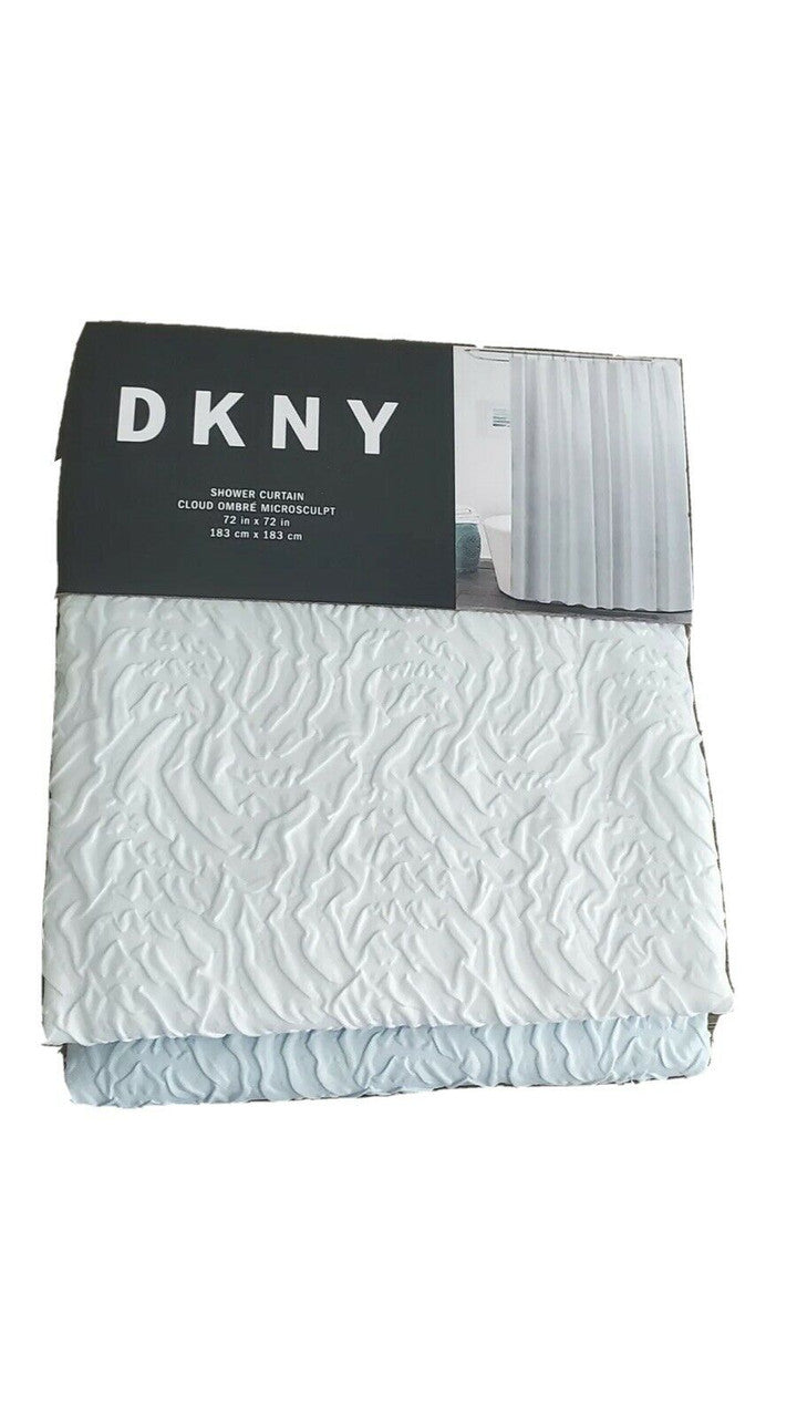 DKNY sculpted ombre shower curtain with white to blue gradient and cloud-like texture, size 72x72.