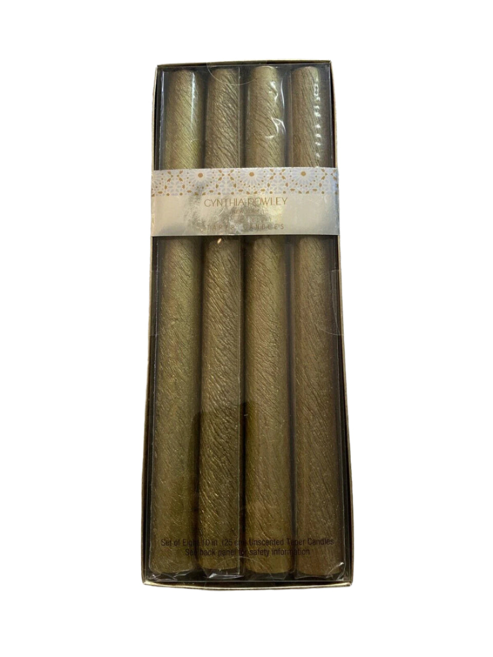 Set of 8 textured gold taper candles in original packaging, ideal for elegant dinner settings, events, or holiday decor.