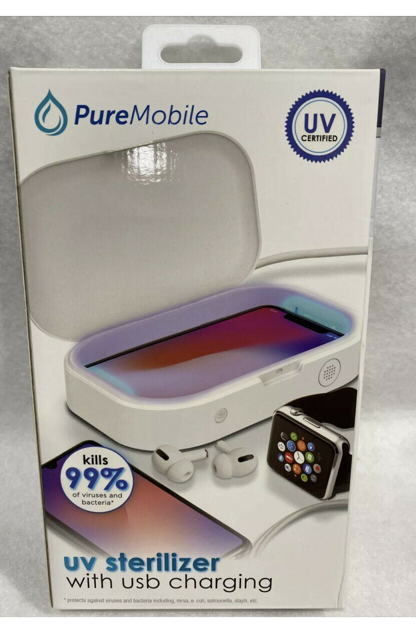 Packaging for Pure Mobile UV sterilizer with USB charging, displaying the device and its feature of killing 99% of germs.