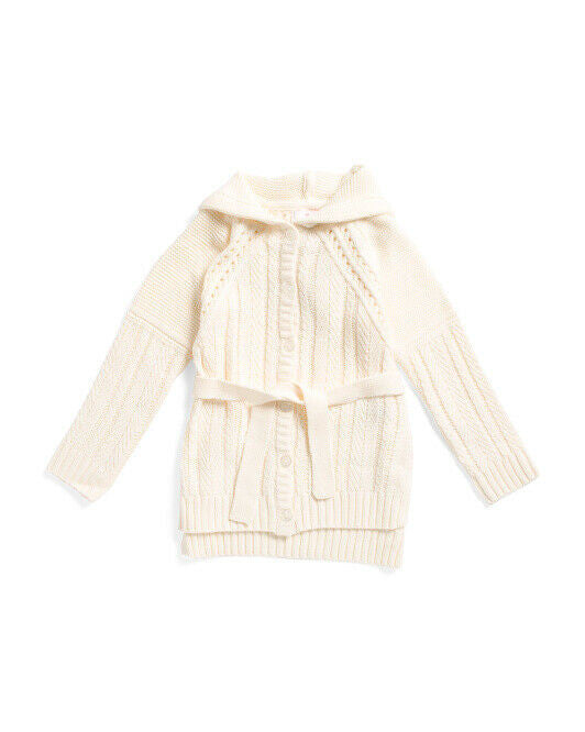 LULURAIN Girls Cable Hooded Cardigan With Belt Size 6 Vanilla for 5-6 y.o.