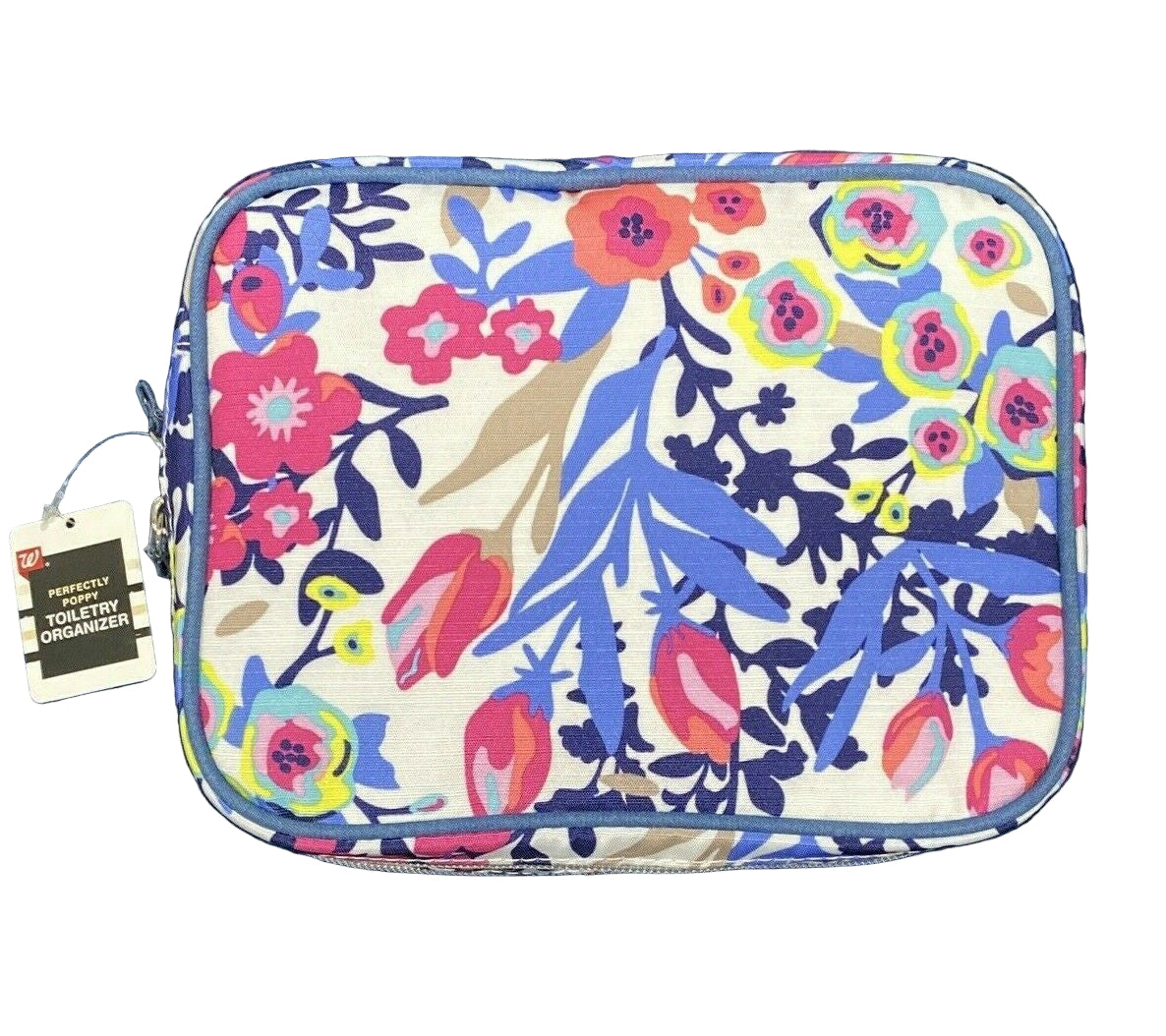 A multicolored floral cosmetic bag with a tag attached, resting on a blue textured surface.