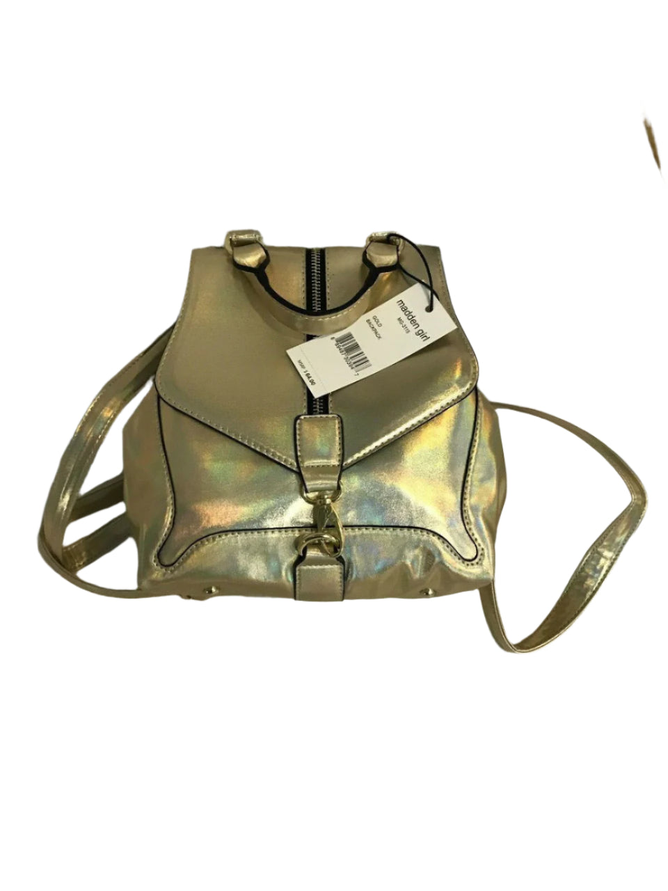Madden Girl MG-3115 gold metallic faux leather backpack with front buckle and drawstring