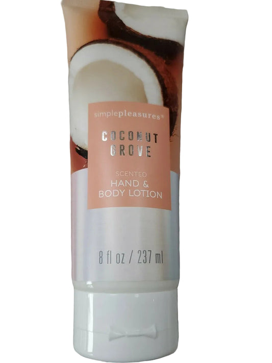A tube of Simple Pleasures Coconut Grove Hand Body Lotion with an image of a coconut on the label, indicating the scent or theme of the lotion.