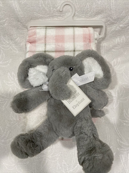 Modern baby reversible blanket W Plush Elephant Pink Grey 30” X 36”