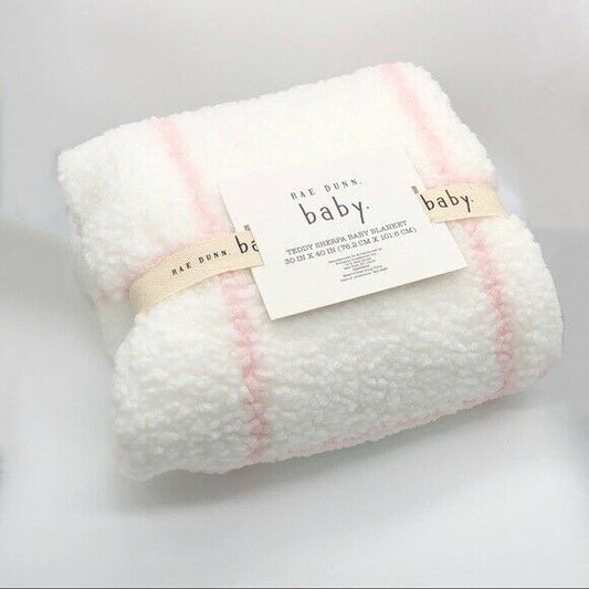 Rae Dunn Baby Teddy Sherpa Baby Blanket 30 X 40 Pink And White “Love”