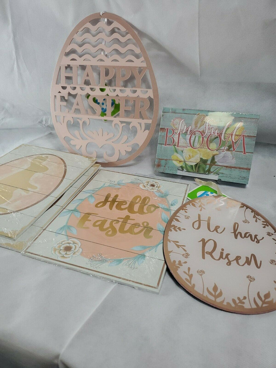 Easter Decor Hanging Signs  Multi-Colored Bunny Egg Shape Lot of 6 decors