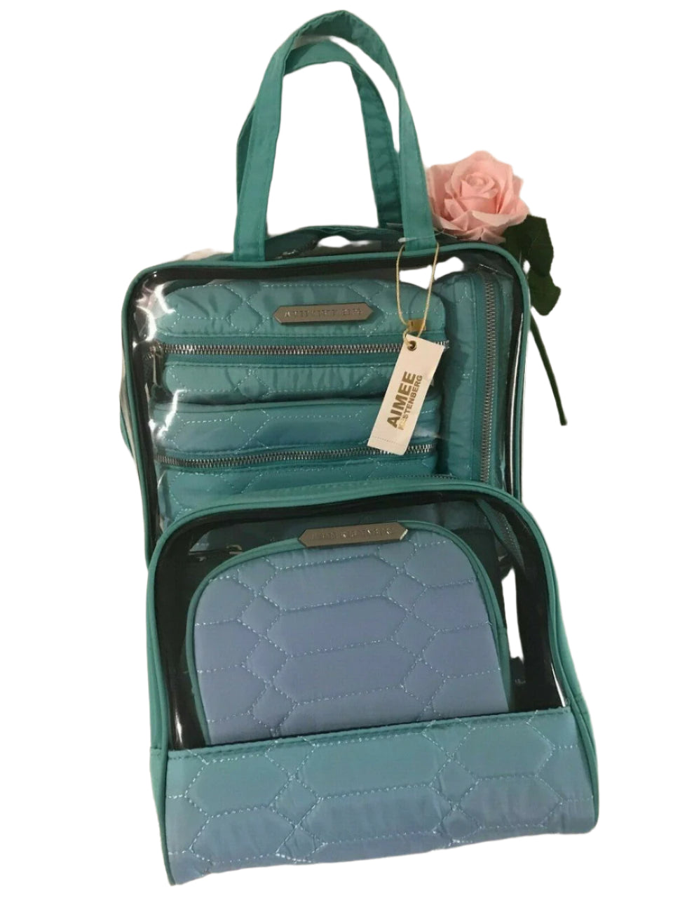 Set of 7 blue ombre diamond quilt cosmetic and travel bags with silver zippers and compartments – Aimee Kestenberg