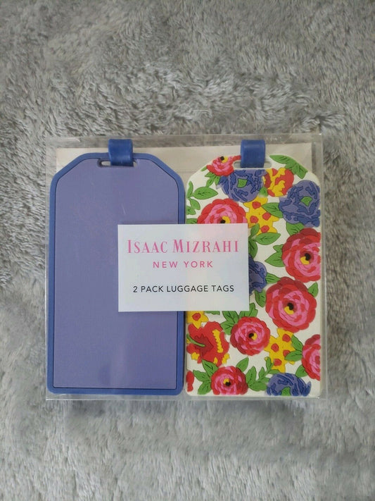 Isaac Mizrahi 2-Pack Luggage Tags Purple Yellow Floral Print Durable Rubber