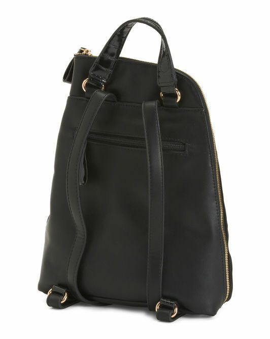 PAULA VERA Spain Velvet Backpack brand name patch button accents 10in W x 12in H