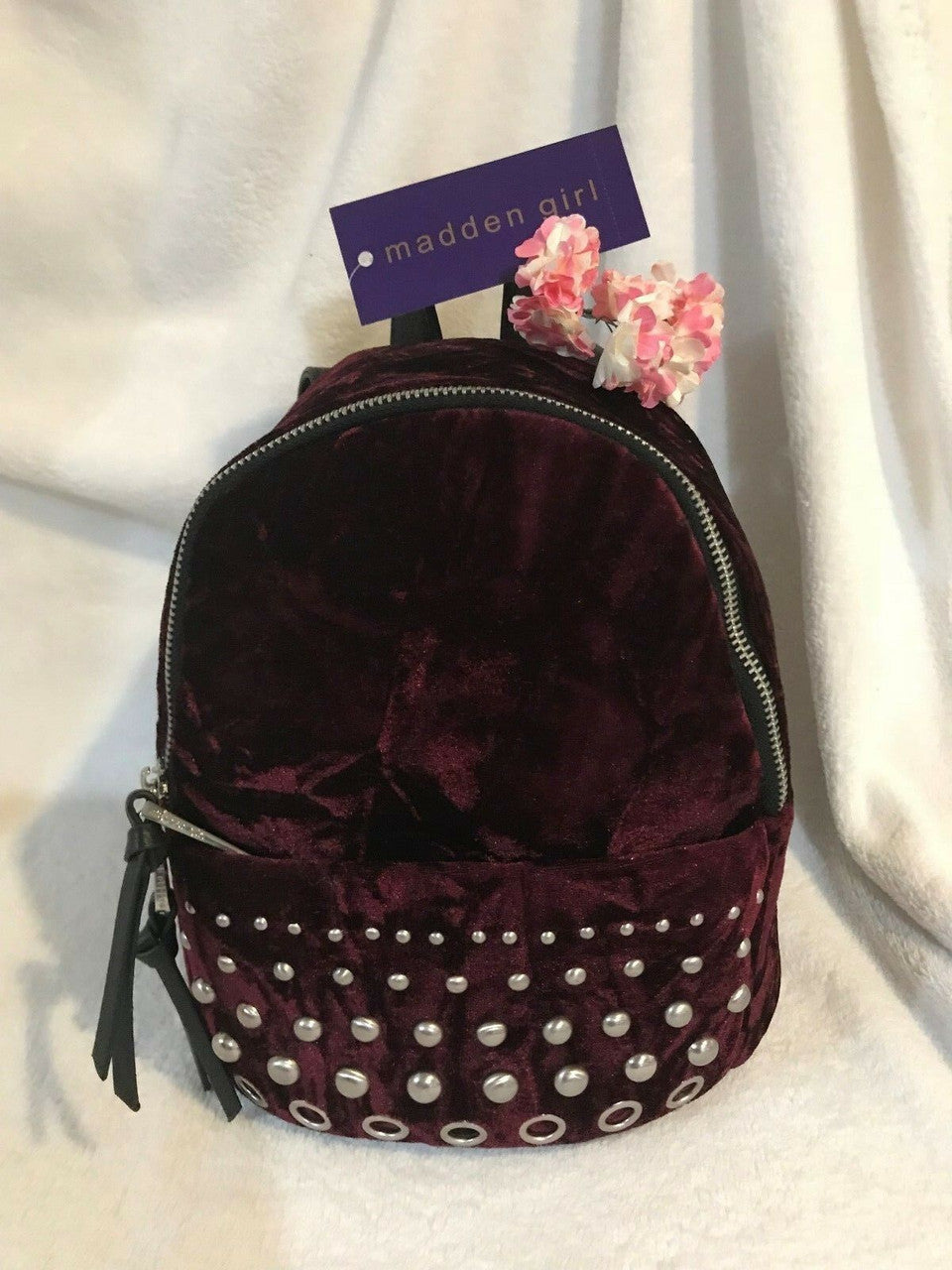 Madden Girl Burgundy Velvet Backpack with silver studs