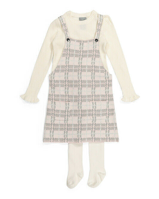 TAHARI Toddler Girls Plaid Jumper Sweater Set With Tights 2T