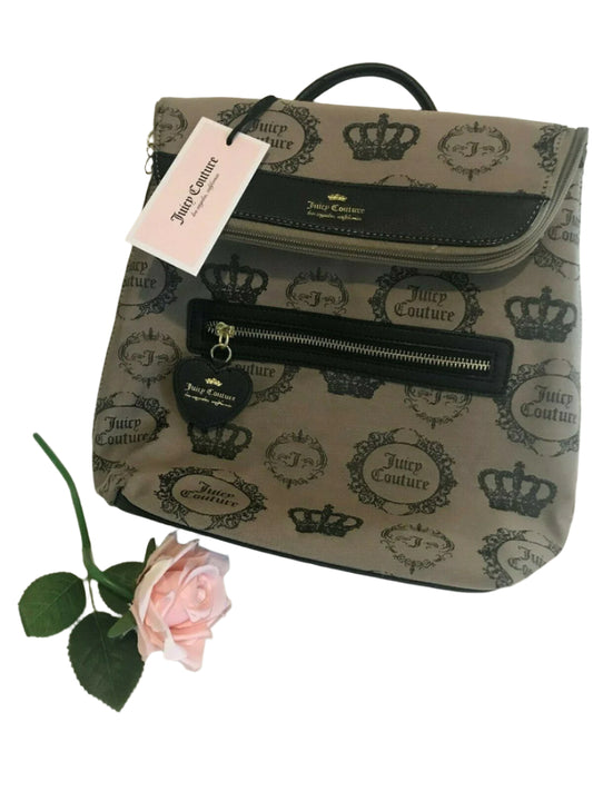 Beige and black canvas backpack with gold Juicy Couture logo and medallion design