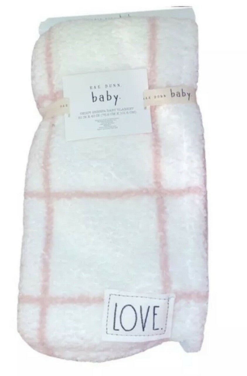 Rae Dunn Baby Teddy Sherpa Baby Blanket 30 X 40 Pink And White “Love”