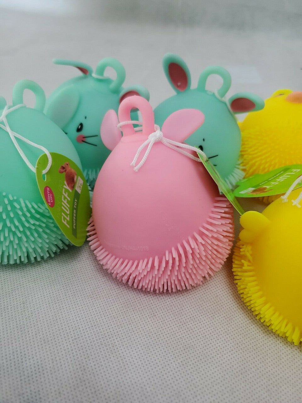 HAPPY GO FLUFFY Puffer Balls with Loop Glowing Bunny Chick Elasticity Ball LOT 6