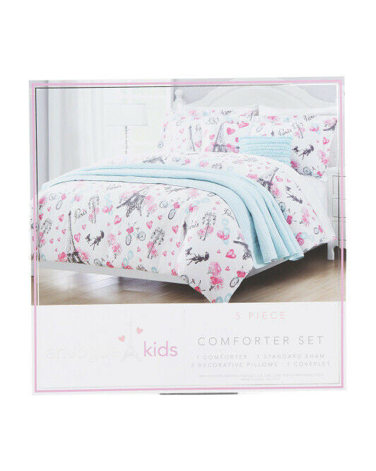 Packaging for a ENVOGUE kids' Paris Watercolor 4 pcs Comforter Set in TWIN size, displaying the comforter, sham, decorative pillow, and coverlet with a floral design.