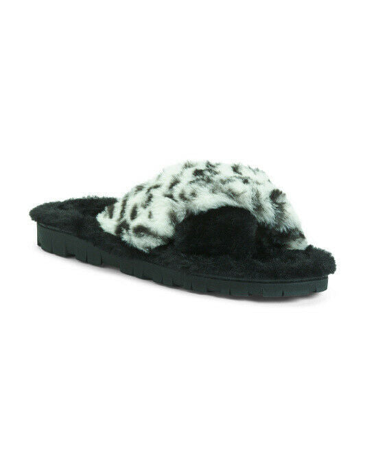 AEROSOLES Faux Fur Leopard Criss Cross Slides S