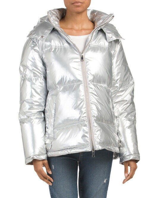KENDALL + KYLIE Women Metallic Silver Hooded Puff Jacket N2011