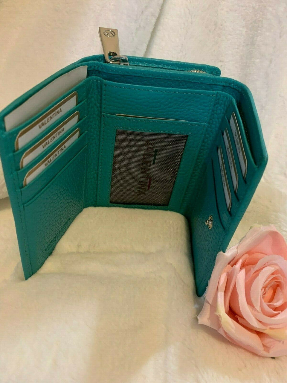 VALENTINA Italy Genuine Leather Pebbled Wallet Aqua approx 5" x 3.5"