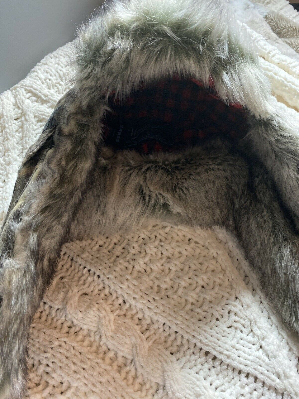 WOOLRICH WOOL BOMBER AVIATOR TRAPPER HAT Small S grey tan red PLAID