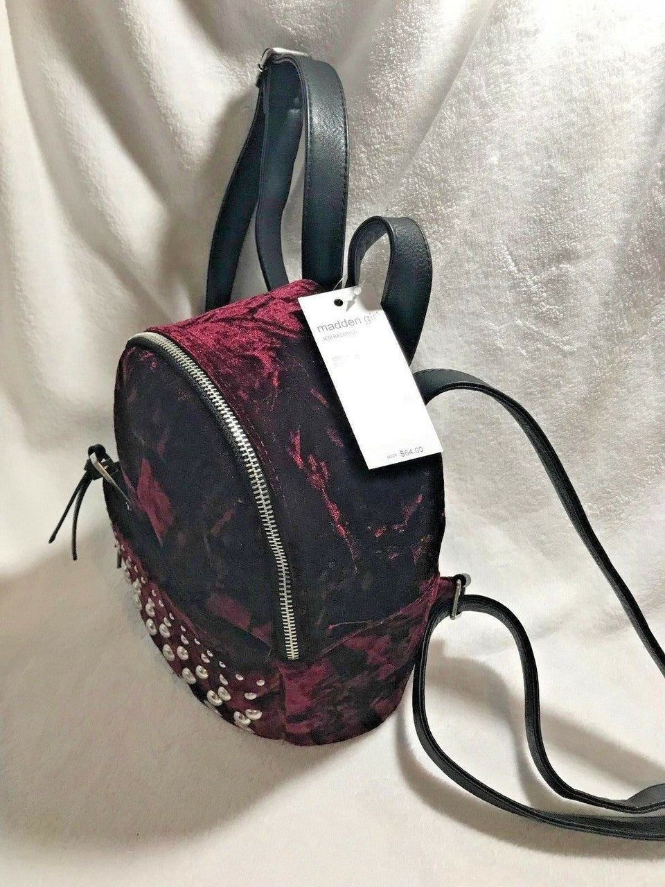 Madden Girl Burgundy Velvet Backpack with silver studs