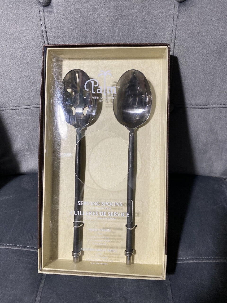 Palm Restaurant Serving spoons 2 Stainless Steel Decor Handles slotted & solid