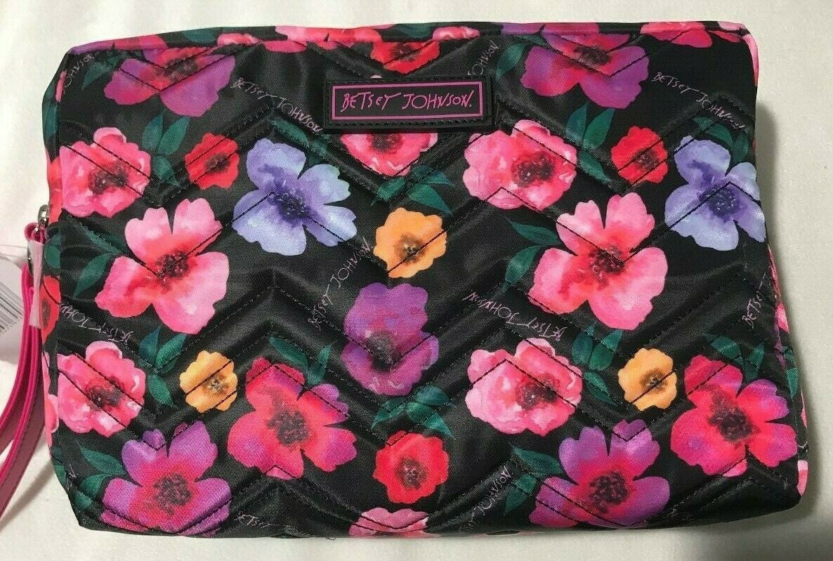 Betsey Johnson Double Zip Printed Pvc Cosmetic Travel Bag Blush Black Floral