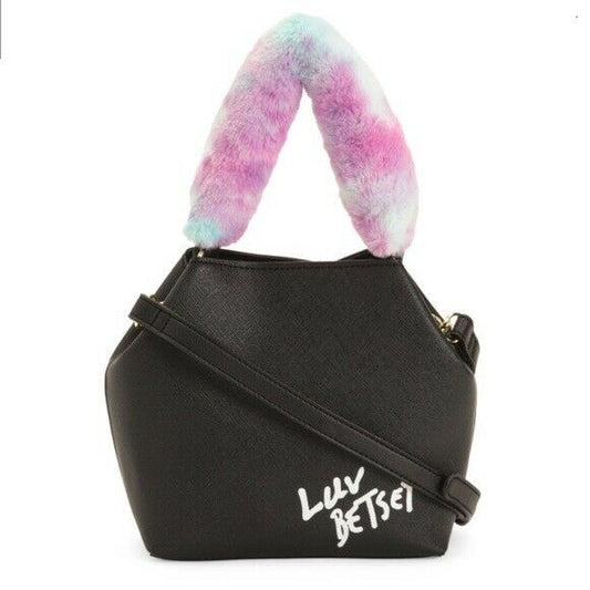 Betsey Johnson Mini Bucket Black with Fur Handle Crossbody Bag