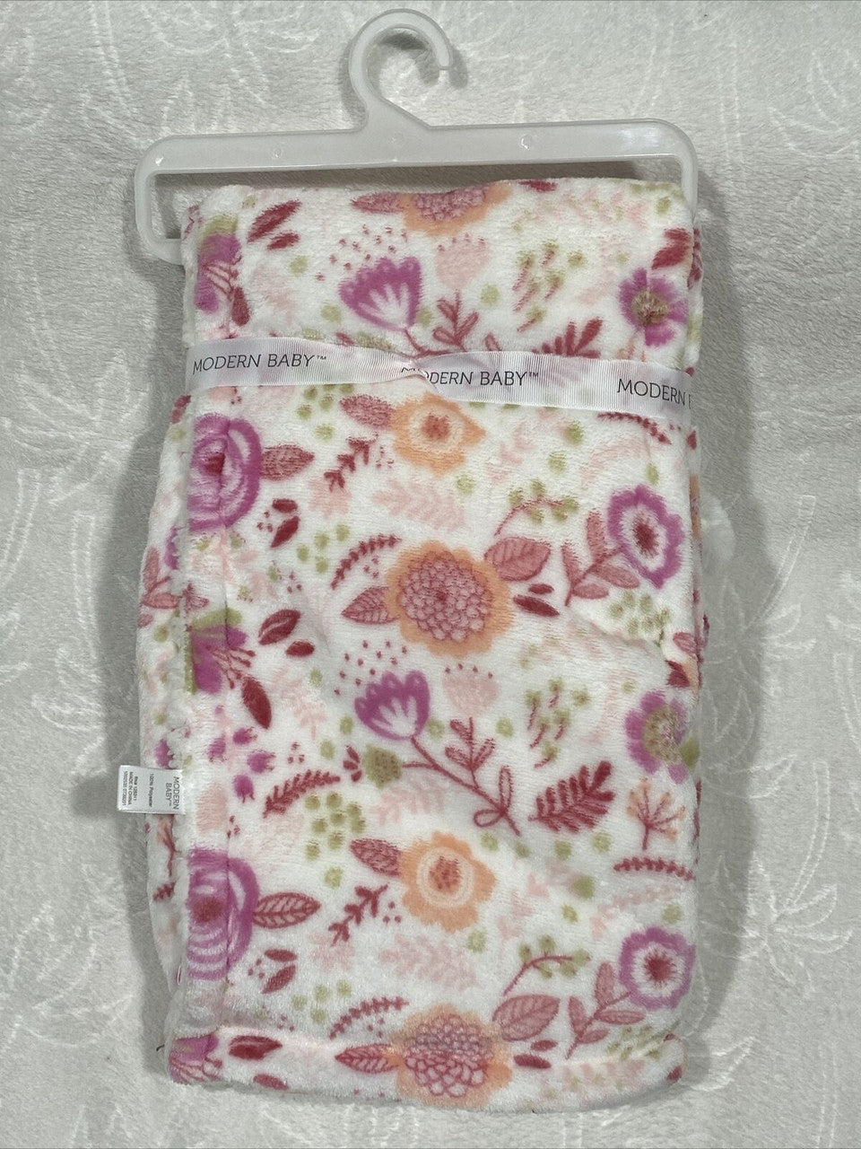Modern baby reversible blanket W Plush Bunny White Pink 30” X 36”