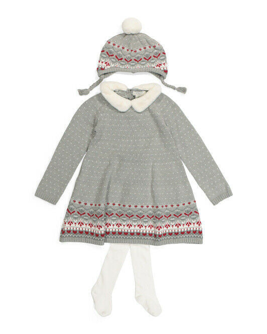 Toddler girls' winter outfit set in light heather grey, including a long-sleeve sweater dress with a faux fur collar, matching hat, and tights.