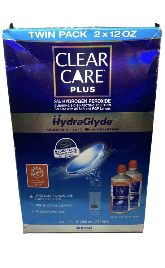 Twin pack of Clear Care Plus cleaning and disinfecting solution for contact lenses, with a lens case, in a 2x12oz packaging.