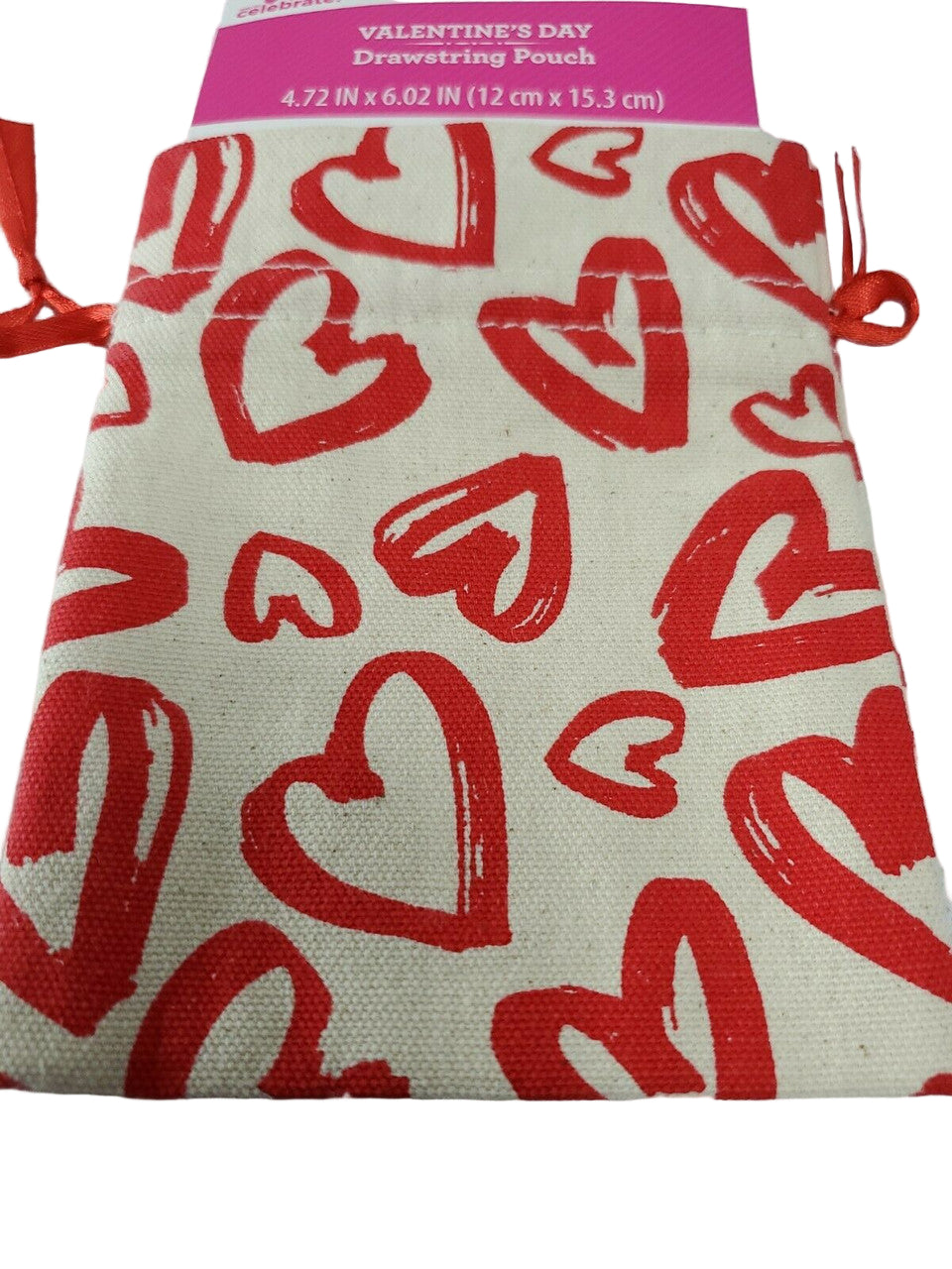 Four small burlap style Valentine drawstring treat bags with red hearts, size 4.72 x 6.02 inches.