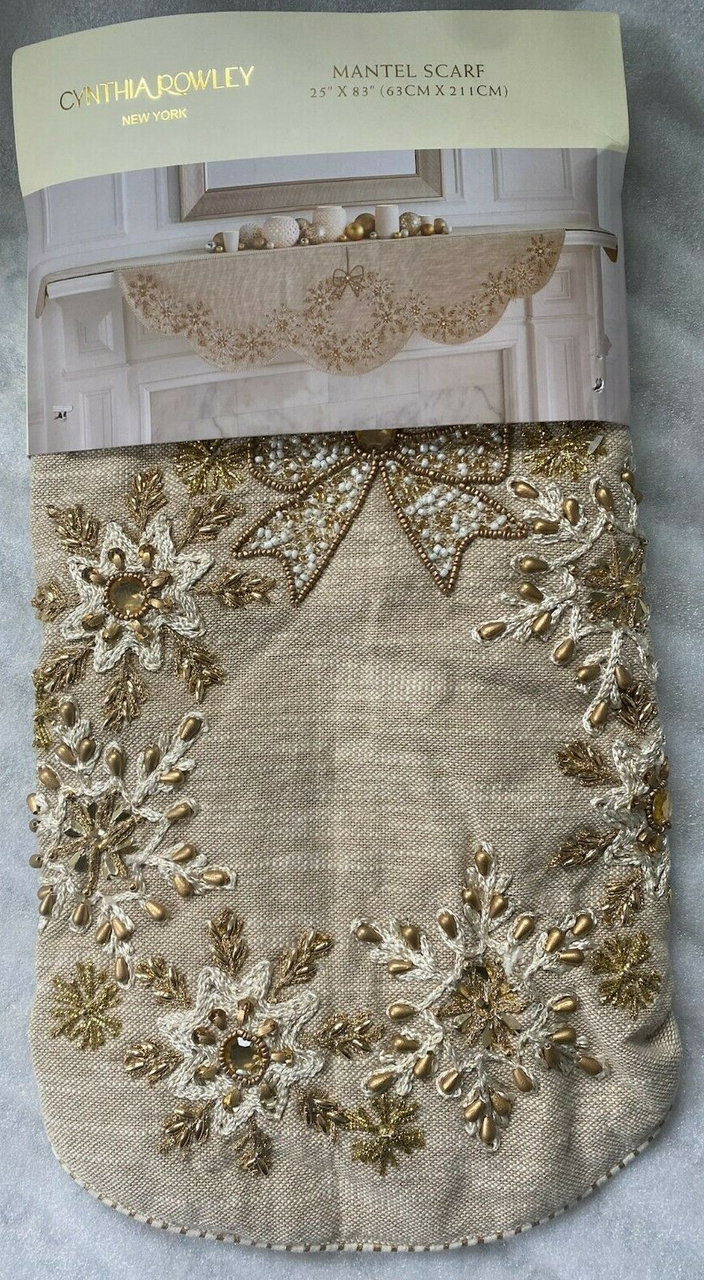 Embrace Holiday Magic with CYNTHIA ROWLEY 25" x 83" Embroidered Wreath Motif Mantel Scarf - Handcrafted Elegance for Christmas and Winter Decor!