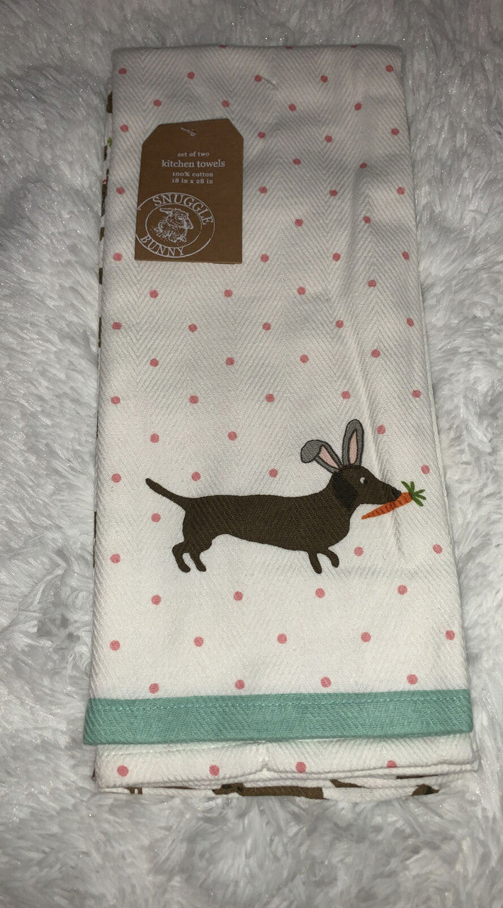 Snuggle Bunny Dachshund Doxie Easter Kitchen Tea Towels Set Of Two