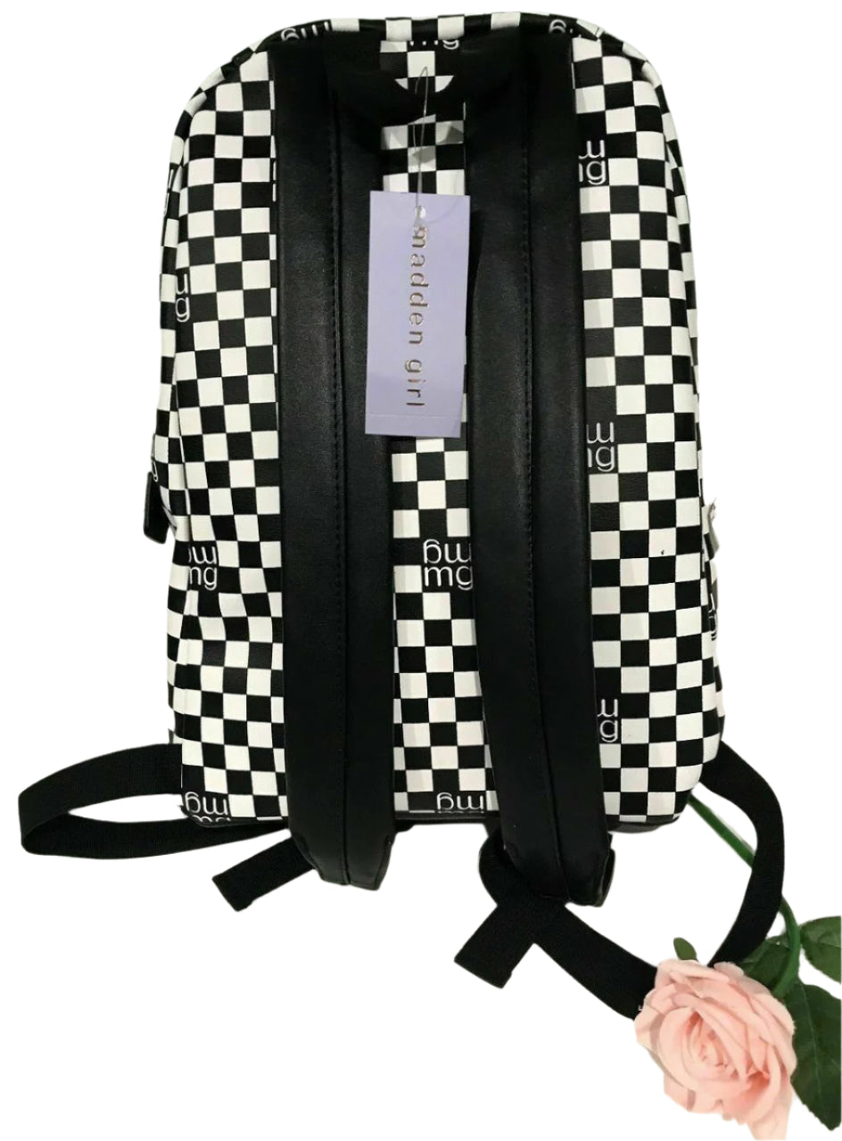 Madden Girl checkerboard print black and white backpack with front pocket