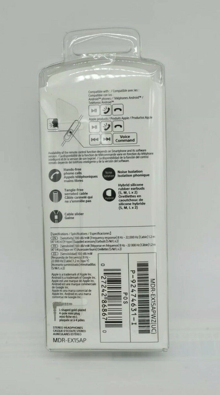 Sony MDR-EX15APW White In Ear Apple and Android Headphones with Microphone