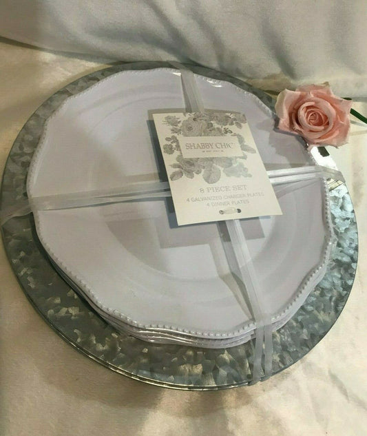 Shabby Chic Charger Galvanized plates 4 metal + 4 beaded dinner set
