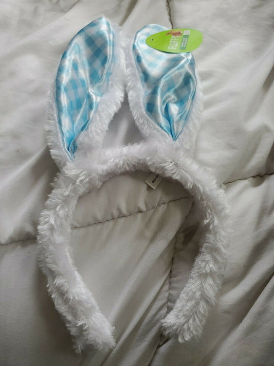 White & Blue checkered Plush Bunny Ears Headband Fluffy Rabbit Easter 3+ age